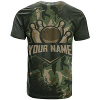 Bowling Camouflage Pattern T Shirt with Ball and Pins Graphic in Army Green and Beige Brushstroke Design - Wonder Print Shop