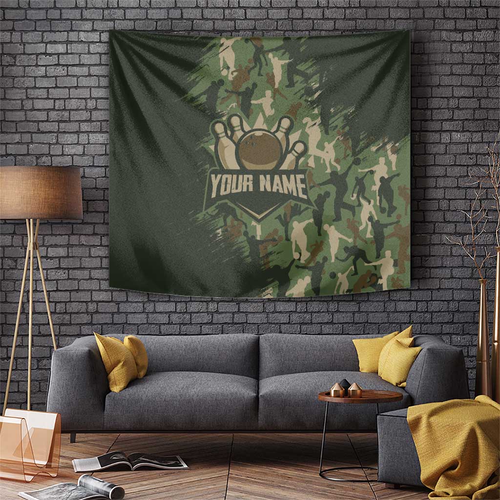 Bowling Camouflage Pattern Tapestry with Ball and Pins Graphic in Army Green and Beige Brushstroke Design - Wonder Print Shop