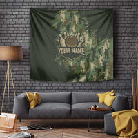 Bowling Camouflage Pattern Tapestry with Ball and Pins Graphic in Army Green and Beige Brushstroke Design - Wonder Print Shop