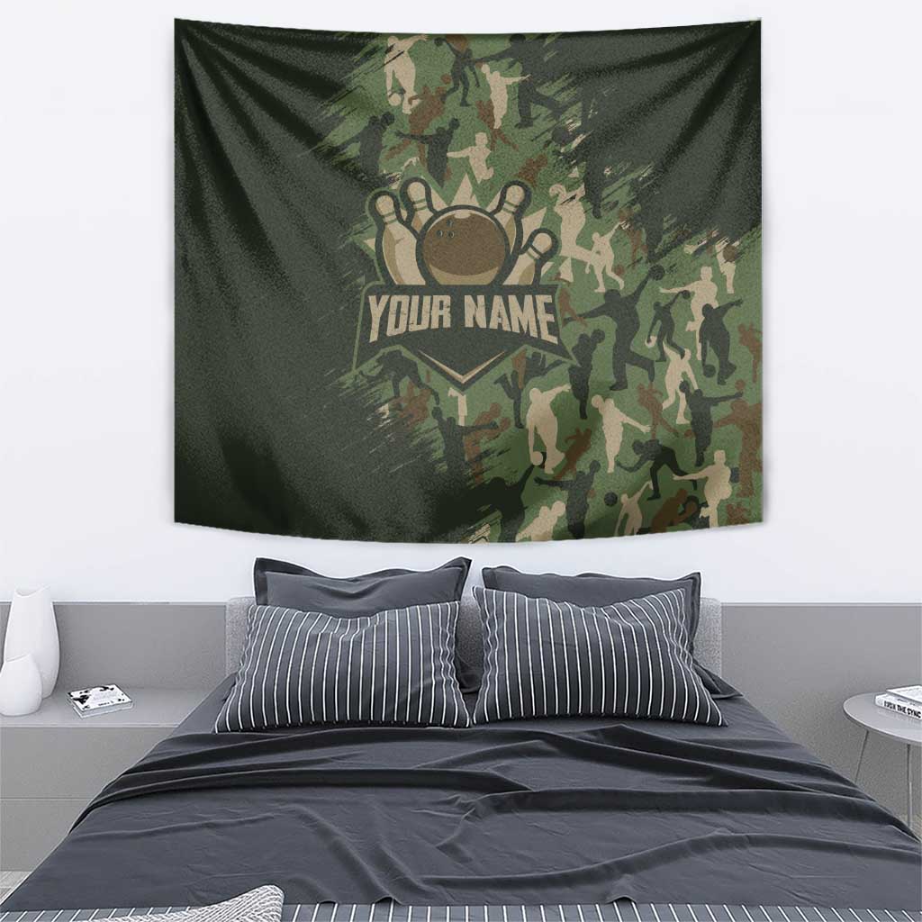 Bowling Camouflage Pattern Tapestry with Ball and Pins Graphic in Army Green and Beige Brushstroke Design - Wonder Print Shop