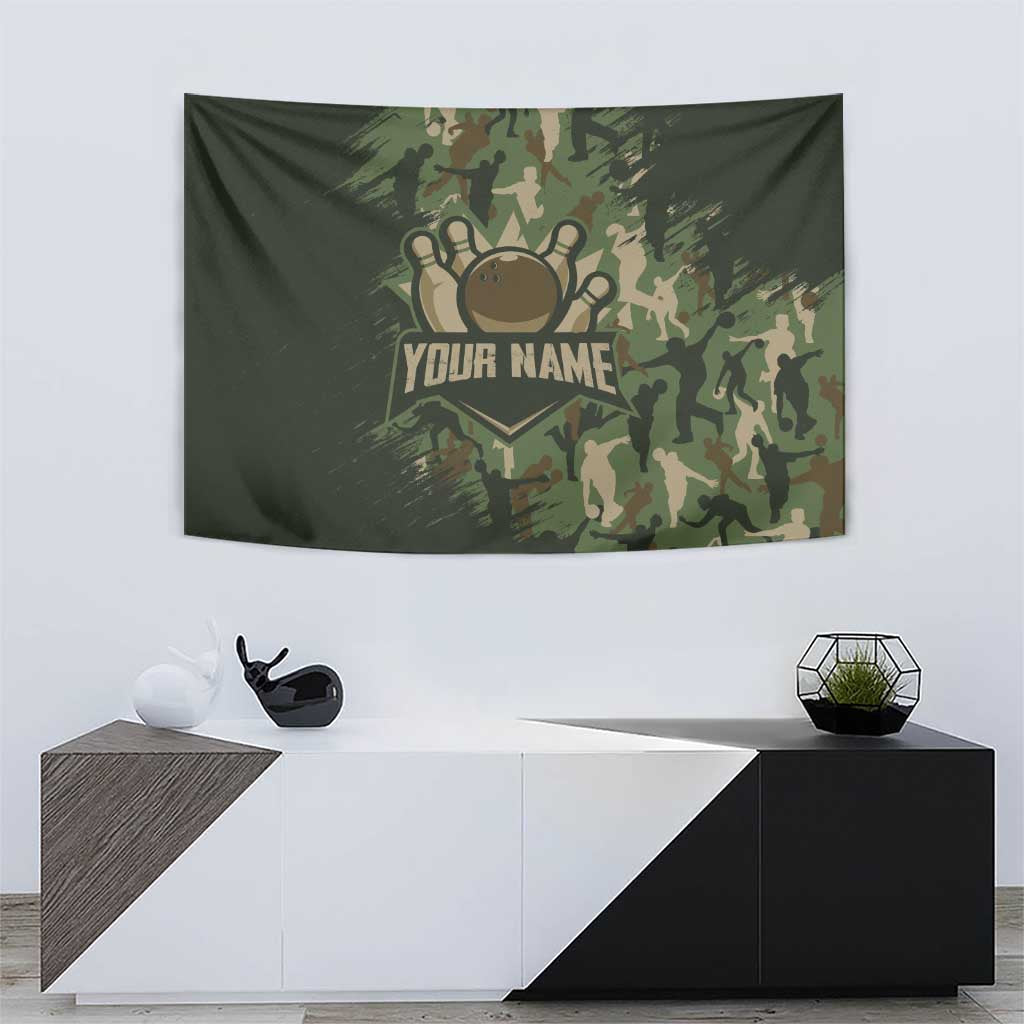 Bowling Camouflage Pattern Tapestry with Ball and Pins Graphic in Army Green and Beige Brushstroke Design - Wonder Print Shop