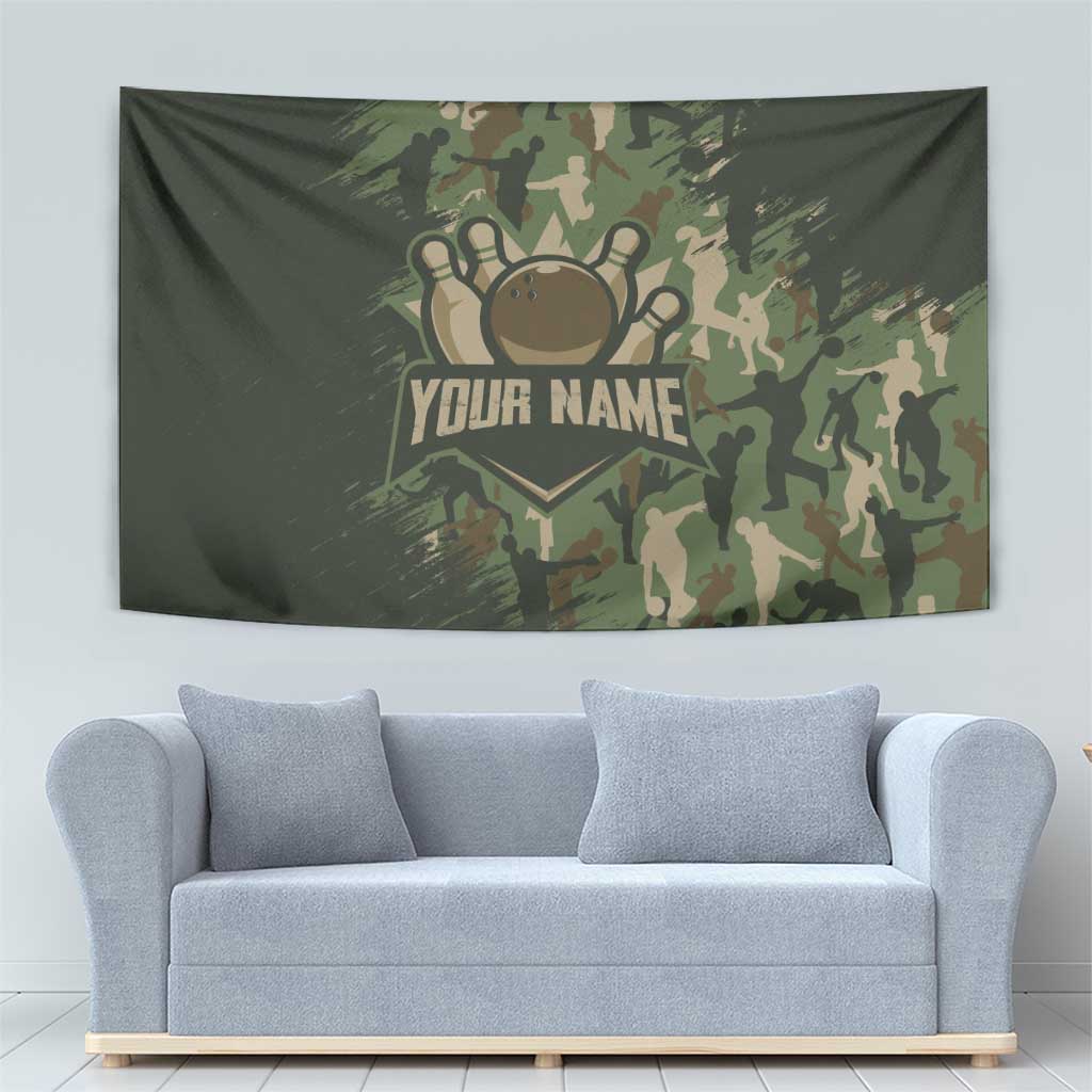 Bowling Camouflage Pattern Tapestry with Ball and Pins Graphic in Army Green and Beige Brushstroke Design - Wonder Print Shop