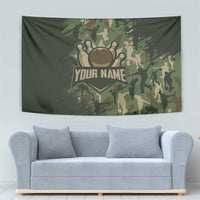 Bowling Camouflage Pattern Tapestry with Ball and Pins Graphic in Army Green and Beige Brushstroke Design - Wonder Print Shop