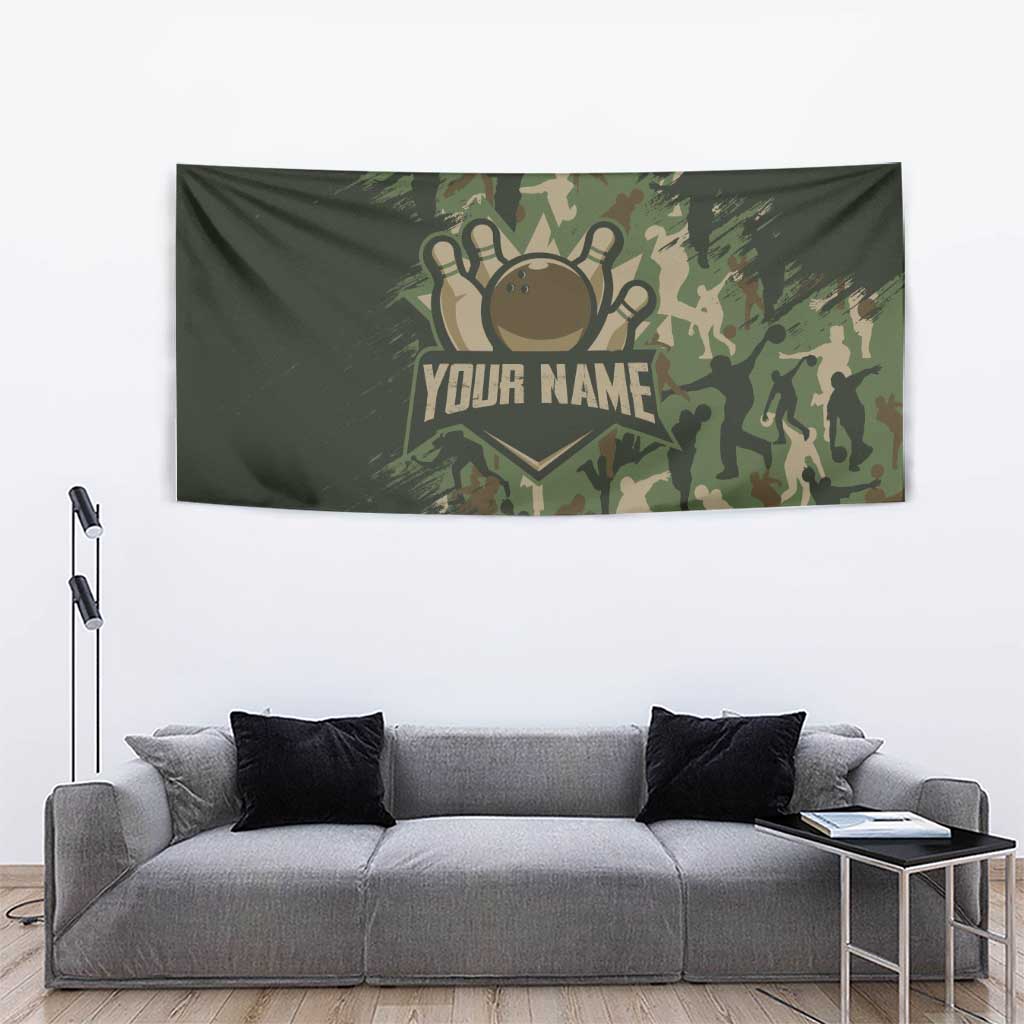 Bowling Camouflage Pattern Tapestry with Ball and Pins Graphic in Army Green and Beige Brushstroke Design - Wonder Print Shop