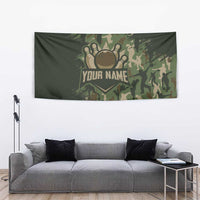 Bowling Camouflage Pattern Tapestry with Ball and Pins Graphic in Army Green and Beige Brushstroke Design - Wonder Print Shop
