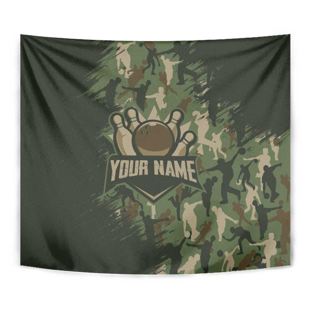 Bowling Camouflage Pattern Tapestry with Ball and Pins Graphic in Army Green and Beige Brushstroke Design - Wonder Print Shop