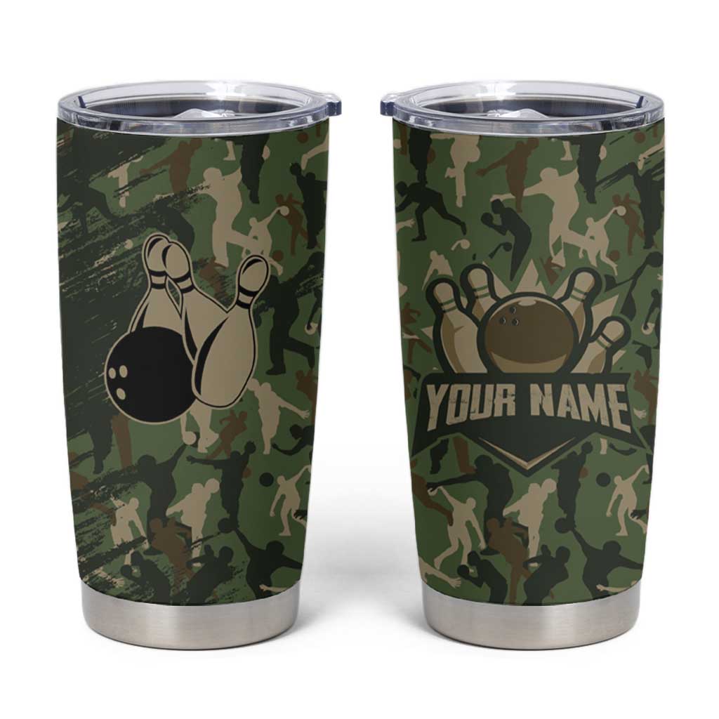 Bowling Camouflage Pattern Tumbler Cup with Ball and Pins Graphic in Army Green and Beige Brushstroke Design - Wonder Print Shop