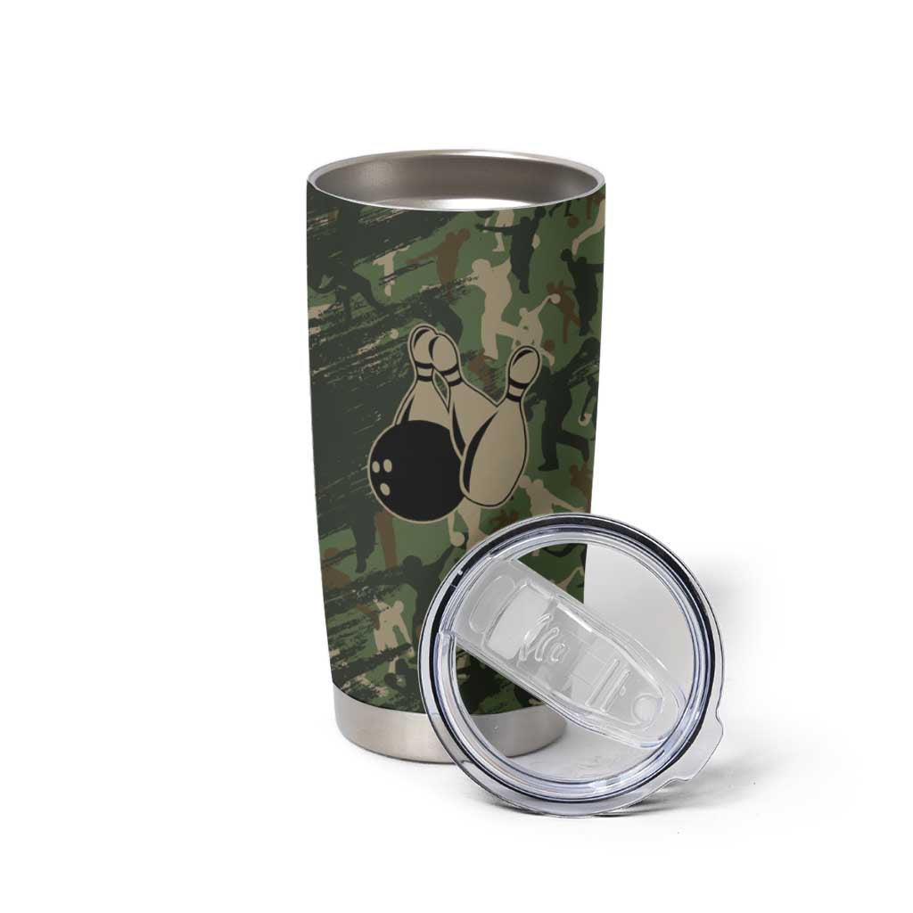 Bowling Camouflage Pattern Tumbler Cup with Ball and Pins Graphic in Army Green and Beige Brushstroke Design - Wonder Print Shop