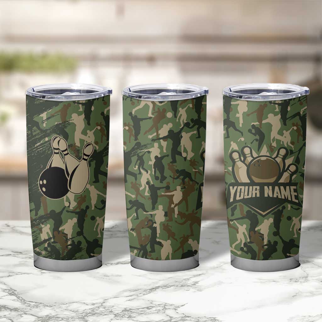 Bowling Camouflage Pattern Tumbler Cup with Ball and Pins Graphic in Army Green and Beige Brushstroke Design - Wonder Print Shop
