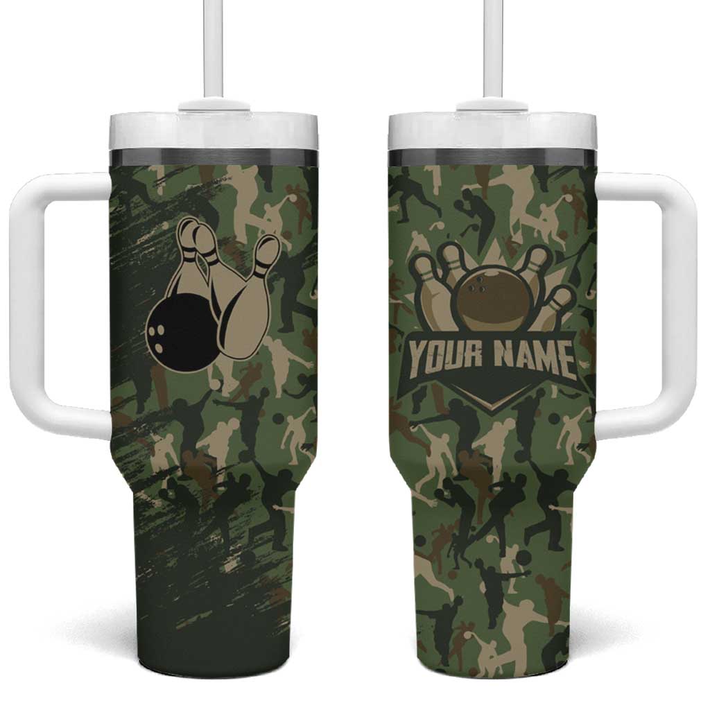 Bowling Camouflage Pattern Tumbler With Handle with Ball and Pins Graphic in Army Green and Beige Brushstroke Design - Wonder Print Shop