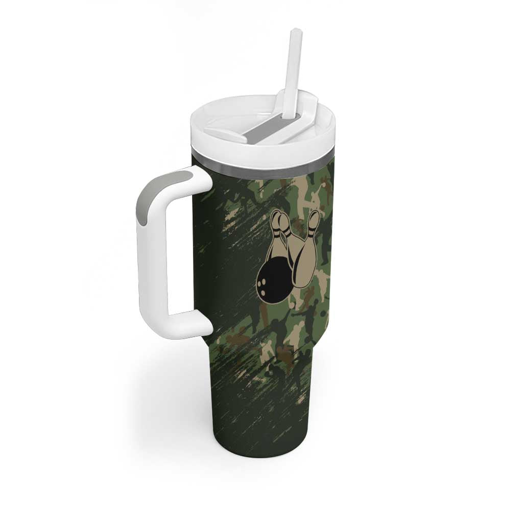 Bowling Camouflage Pattern Tumbler With Handle with Ball and Pins Graphic in Army Green and Beige Brushstroke Design - Wonder Print Shop
