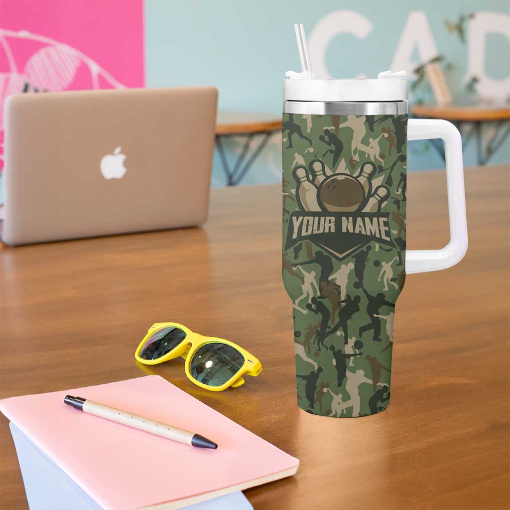 Bowling Camouflage Pattern Tumbler With Handle with Ball and Pins Graphic in Army Green and Beige Brushstroke Design - Wonder Print Shop