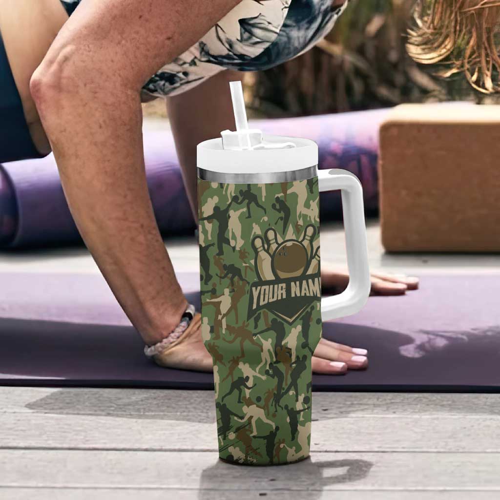 Bowling Camouflage Pattern Tumbler With Handle with Ball and Pins Graphic in Army Green and Beige Brushstroke Design - Wonder Print Shop