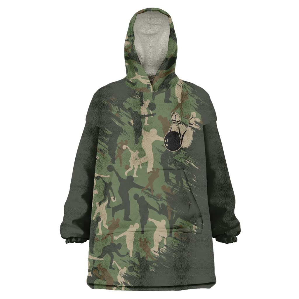 Bowling Camouflage Pattern Wearable Blanket Hoodie with Ball and Pins Graphic in Army Green and Beige Brushstroke Design - Wonder Print Shop
