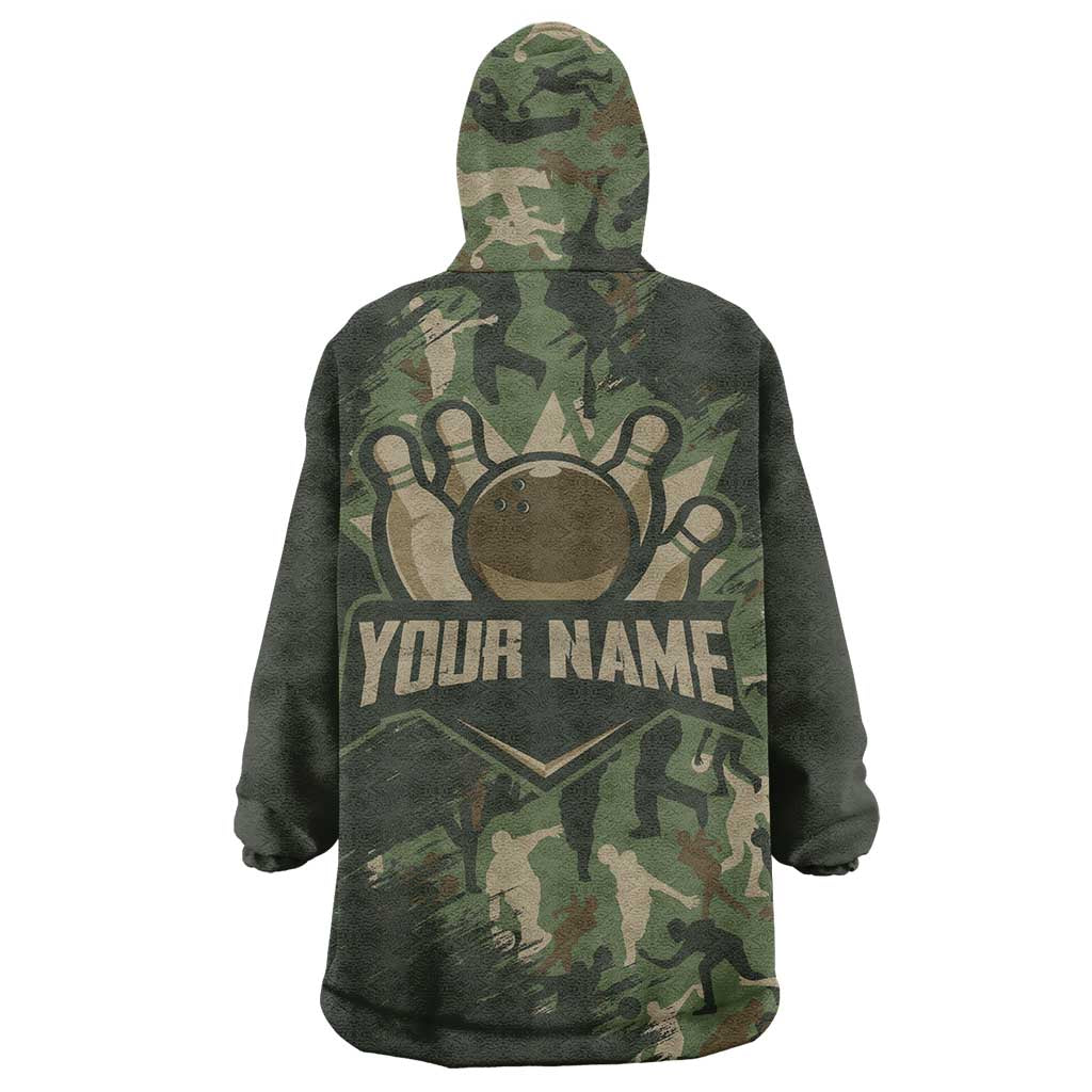 Bowling Camouflage Pattern Wearable Blanket Hoodie with Ball and Pins Graphic in Army Green and Beige Brushstroke Design - Wonder Print Shop