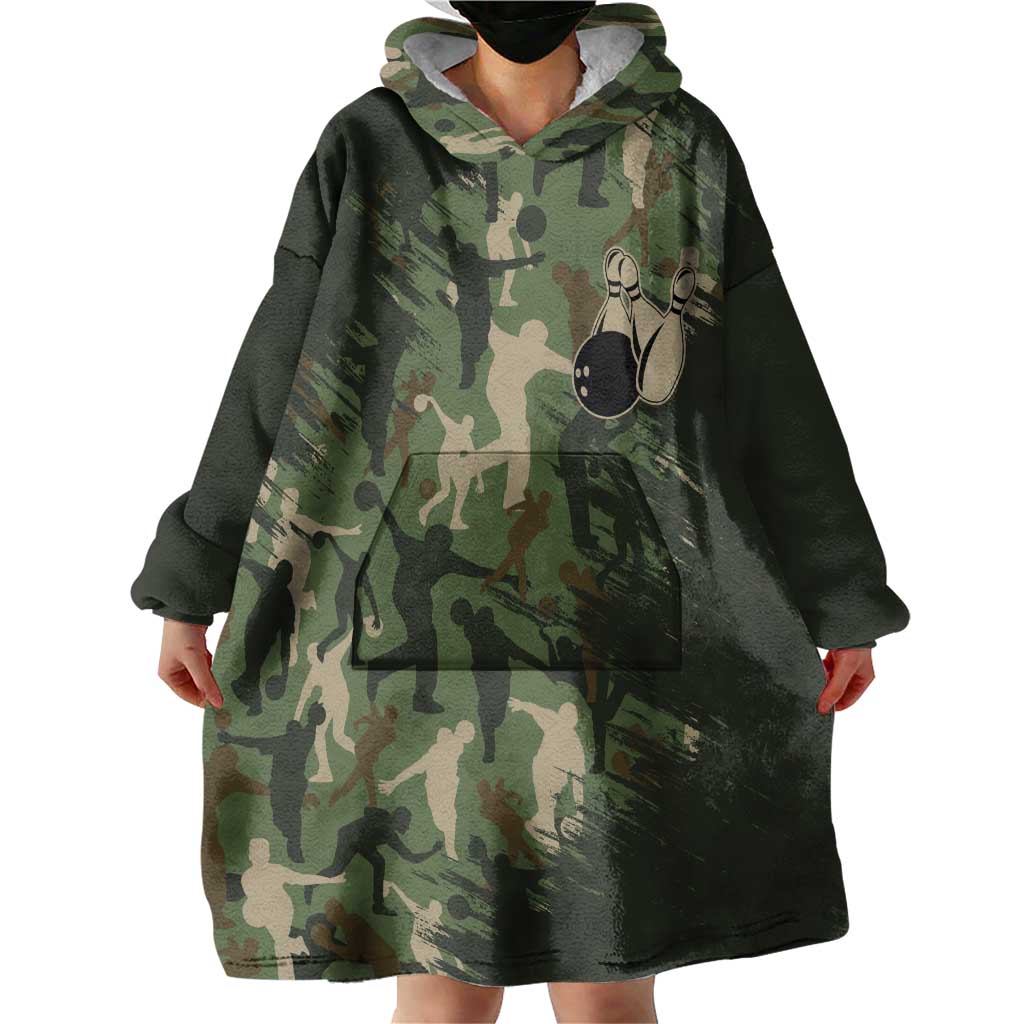 Bowling Camouflage Pattern Wearable Blanket Hoodie with Ball and Pins Graphic in Army Green and Beige Brushstroke Design - Wonder Print Shop