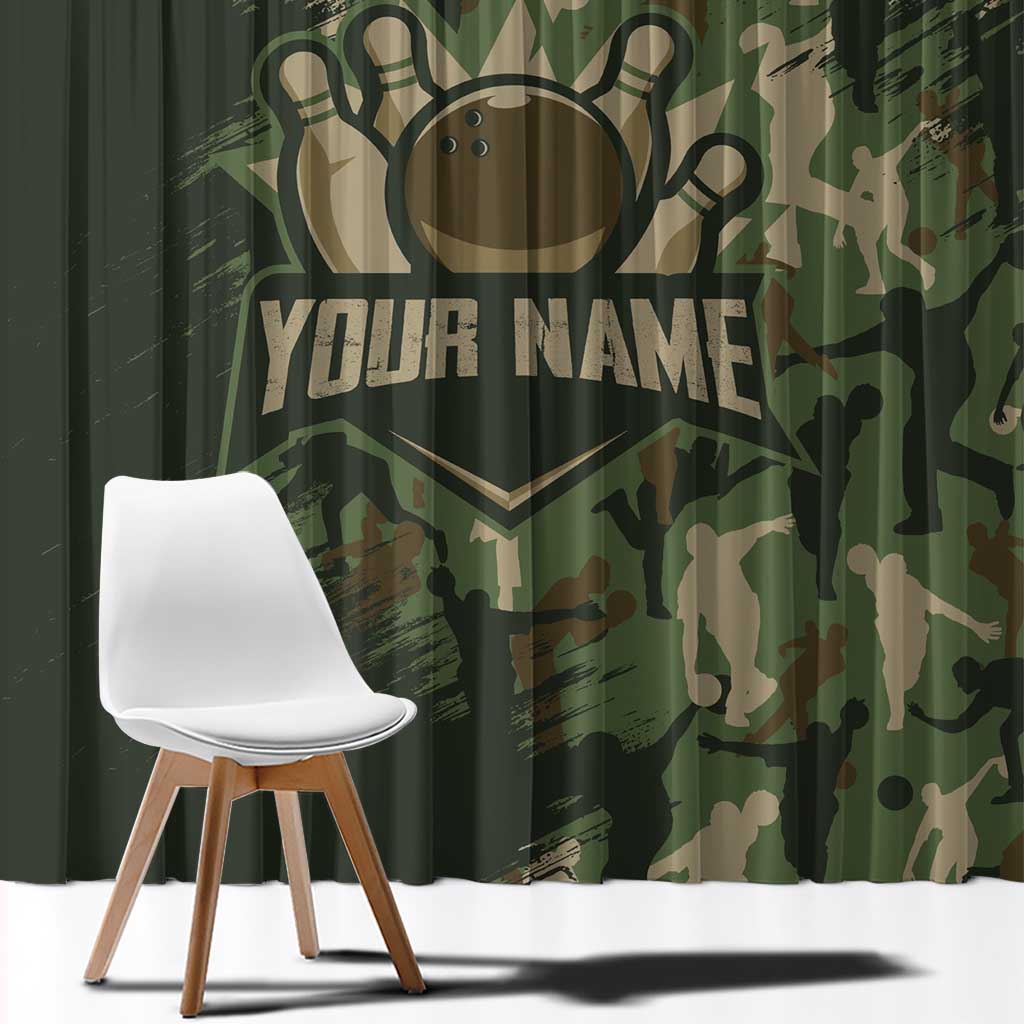 Bowling Camouflage Pattern Window Curtain with Ball and Pins Graphic in Army Green and Beige Brushstroke Design - Wonder Print Shop
