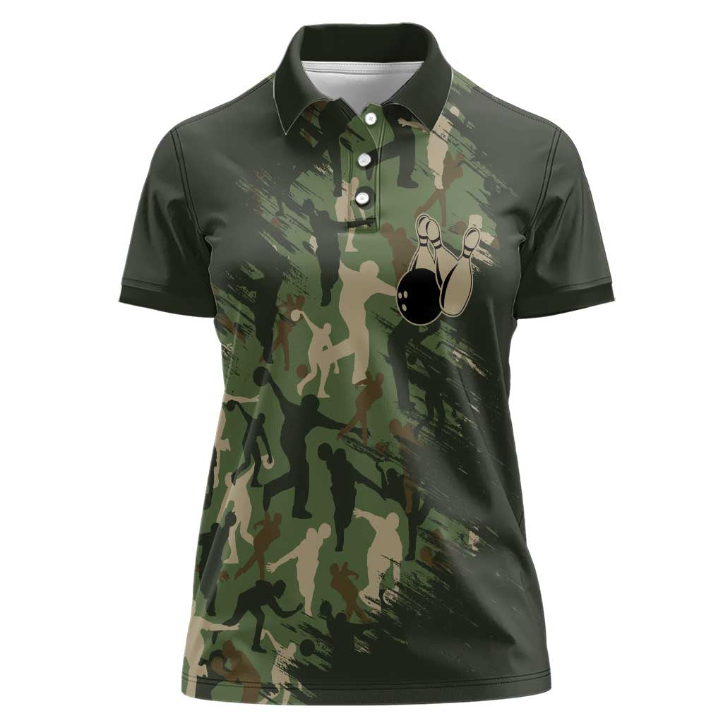 Bowling Camouflage Pattern Women Polo Shirt with Ball and Pins Graphic in Army Green and Beige Brushstroke Design - Wonder Print Shop
