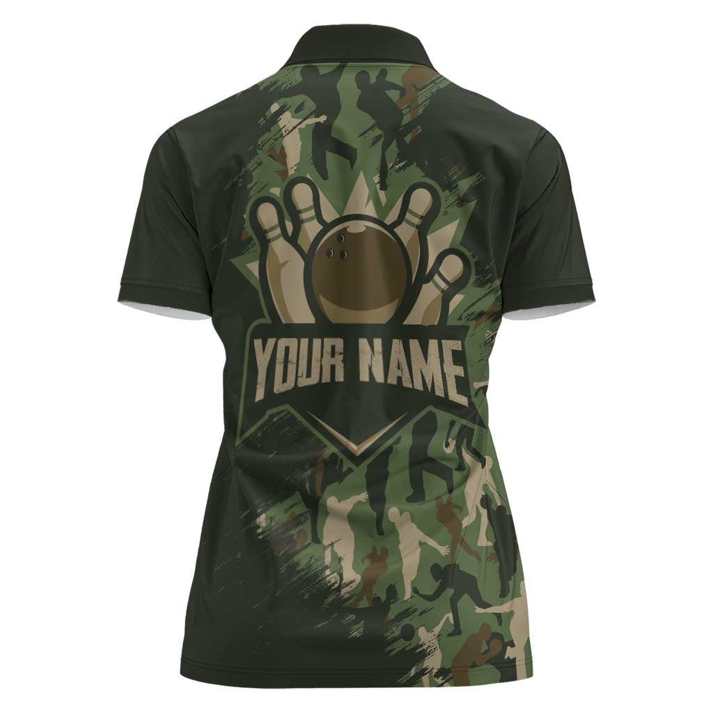 Bowling Camouflage Pattern Women Polo Shirt with Ball and Pins Graphic in Army Green and Beige Brushstroke Design - Wonder Print Shop