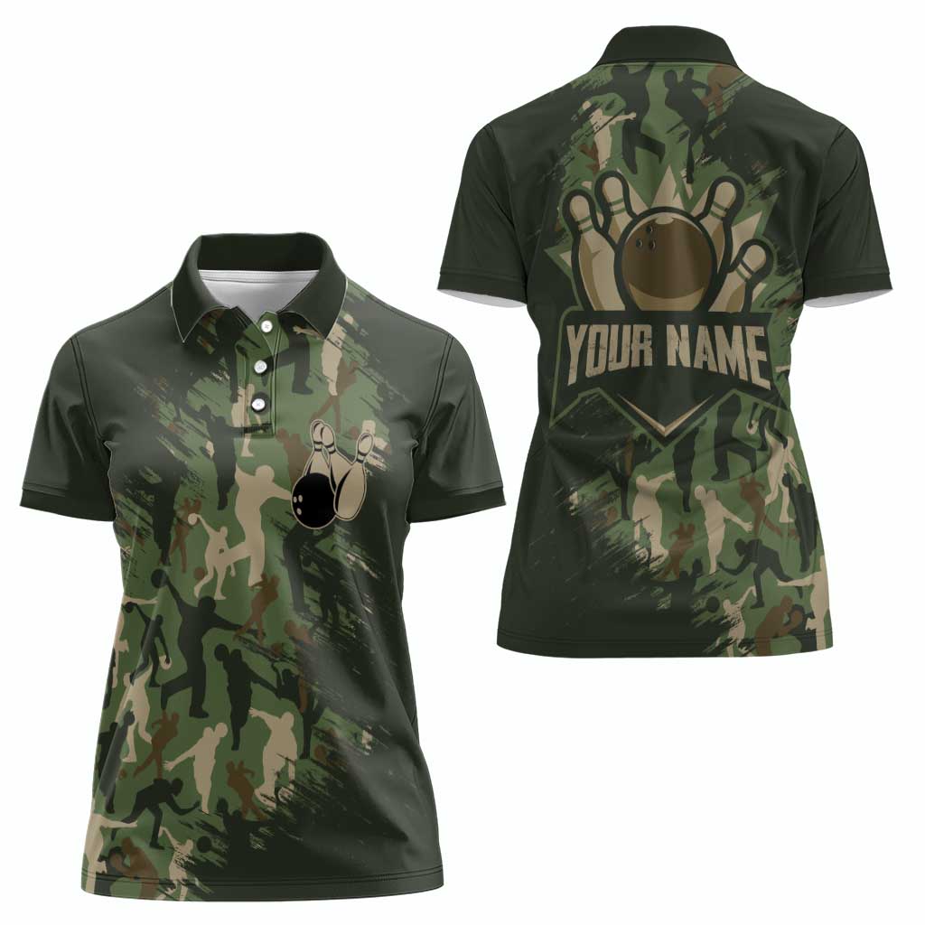 Bowling Camouflage Pattern Women Polo Shirt with Ball and Pins Graphic in Army Green and Beige Brushstroke Design - Wonder Print Shop