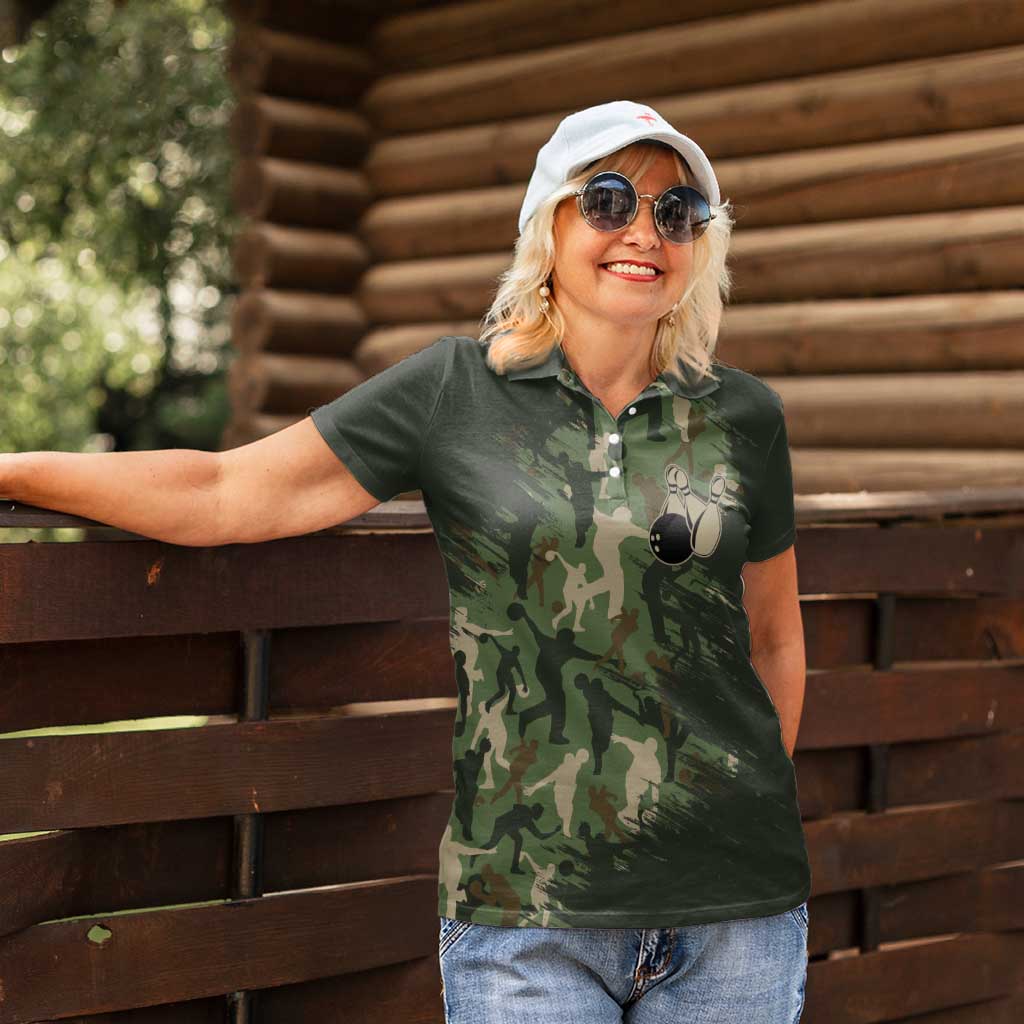 Bowling Camouflage Pattern Women Polo Shirt with Ball and Pins Graphic in Army Green and Beige Brushstroke Design - Wonder Print Shop
