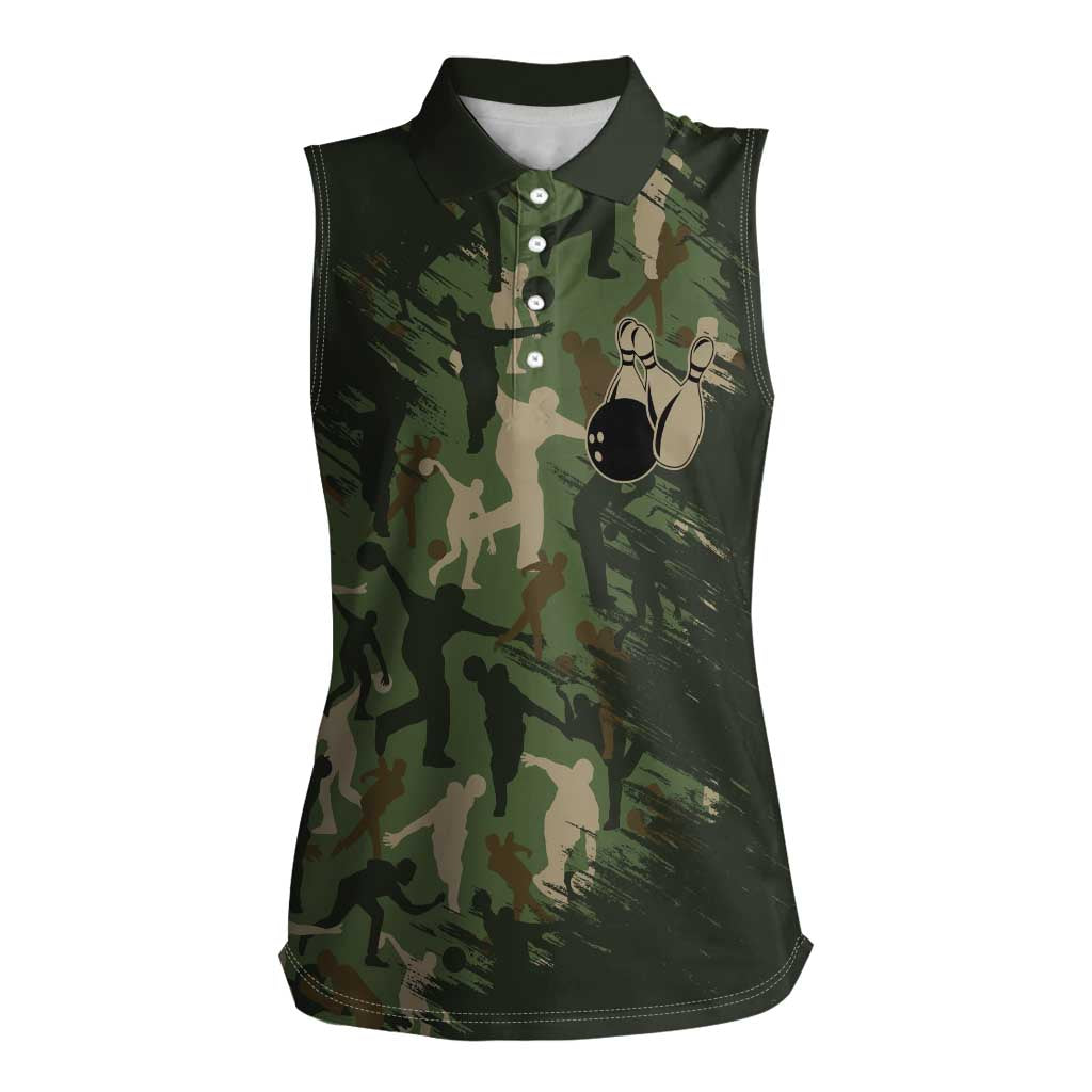 Bowling Camouflage Pattern Women Sleeveless Polo Shirt with Ball and Pins Graphic in Army Green and Beige Brushstroke Design - Wonder Print Shop
