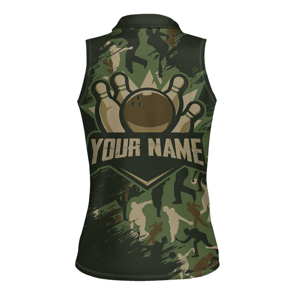 Bowling Camouflage Pattern Women Sleeveless Polo Shirt with Ball and Pins Graphic in Army Green and Beige Brushstroke Design - Wonder Print Shop