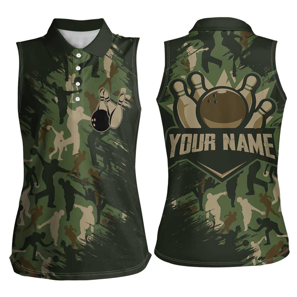 Bowling Camouflage Pattern Women Sleeveless Polo Shirt with Ball and Pins Graphic in Army Green and Beige Brushstroke Design - Wonder Print Shop