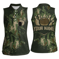Bowling Camouflage Pattern Women Sleeveless Polo Shirt with Ball and Pins Graphic in Army Green and Beige Brushstroke Design - Wonder Print Shop