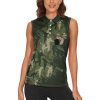 Bowling Camouflage Pattern Women Sleeveless Polo Shirt with Ball and Pins Graphic in Army Green and Beige Brushstroke Design - Wonder Print Shop
