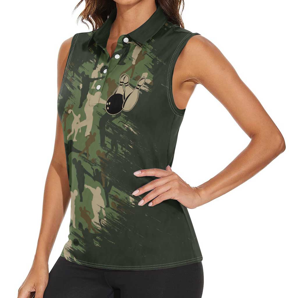 Bowling Camouflage Pattern Women Sleeveless Polo Shirt with Ball and Pins Graphic in Army Green and Beige Brushstroke Design - Wonder Print Shop