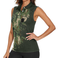 Bowling Camouflage Pattern Women Sleeveless Polo Shirt with Ball and Pins Graphic in Army Green and Beige Brushstroke Design - Wonder Print Shop