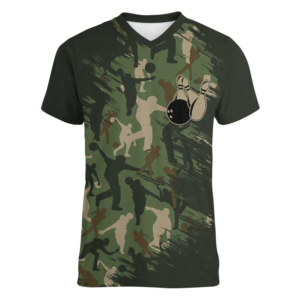 Bowling Camouflage Pattern Women V-Neck T-Shirt with Ball and Pins Graphic in Army Green and Beige Brushstroke Design - Wonder Print Shop