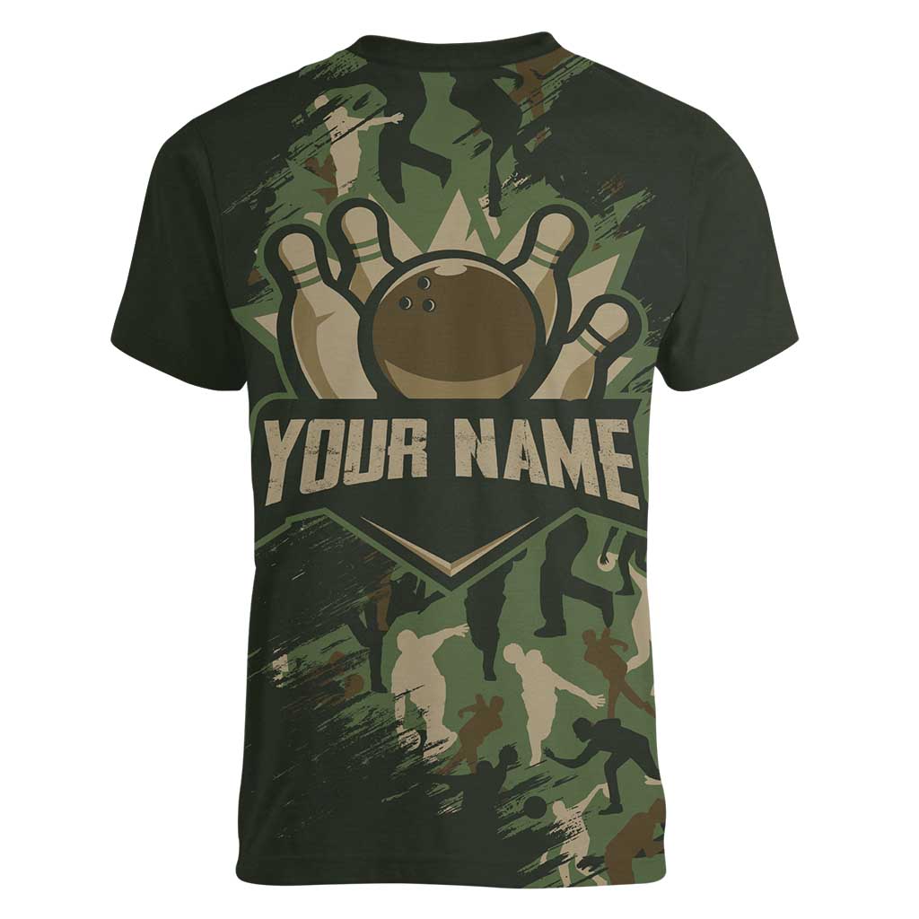 Bowling Camouflage Pattern Women V-Neck T-Shirt with Ball and Pins Graphic in Army Green and Beige Brushstroke Design - Wonder Print Shop