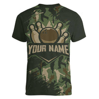 Bowling Camouflage Pattern Women V-Neck T-Shirt with Ball and Pins Graphic in Army Green and Beige Brushstroke Design - Wonder Print Shop
