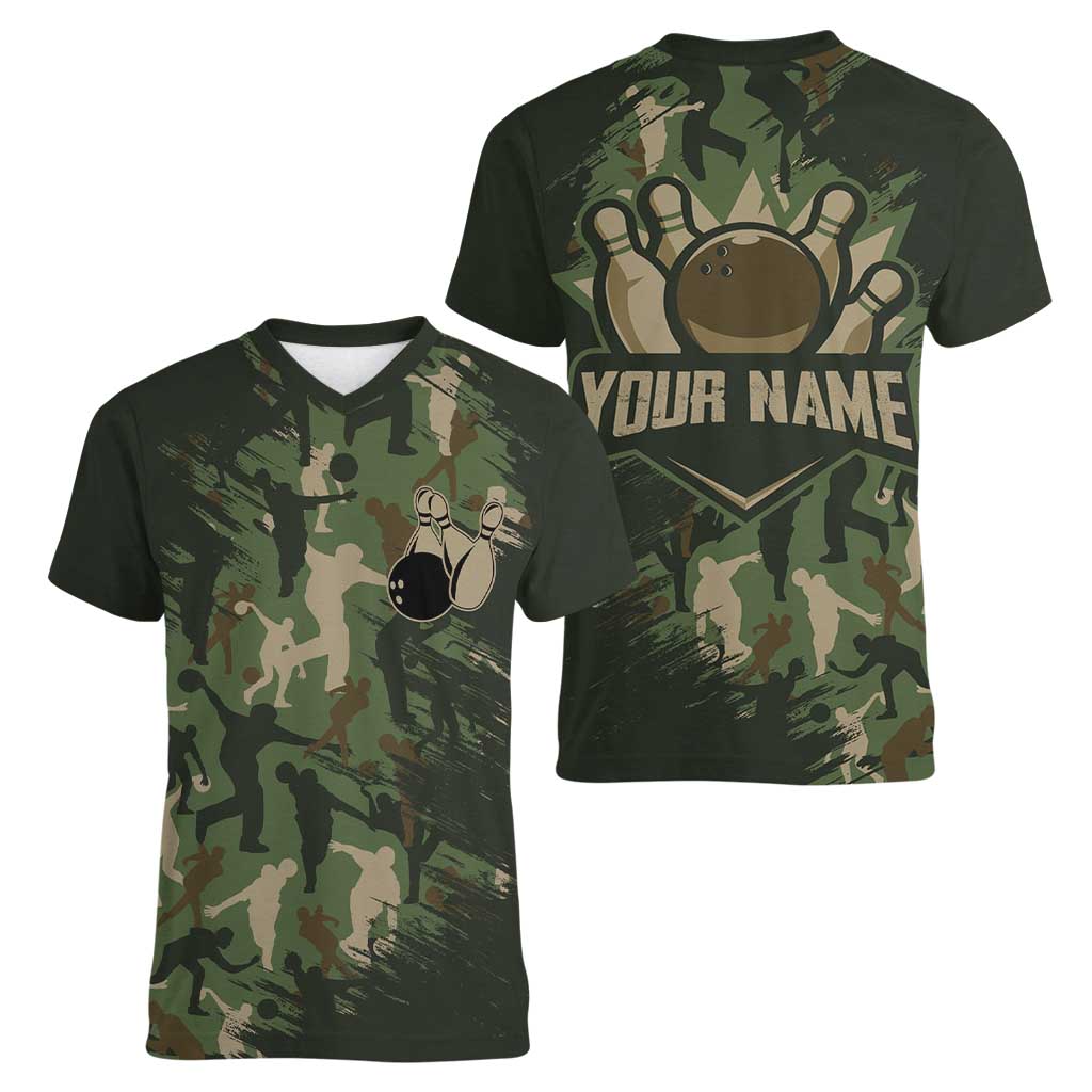 Bowling Camouflage Pattern Women V-Neck T-Shirt with Ball and Pins Graphic in Army Green and Beige Brushstroke Design - Wonder Print Shop