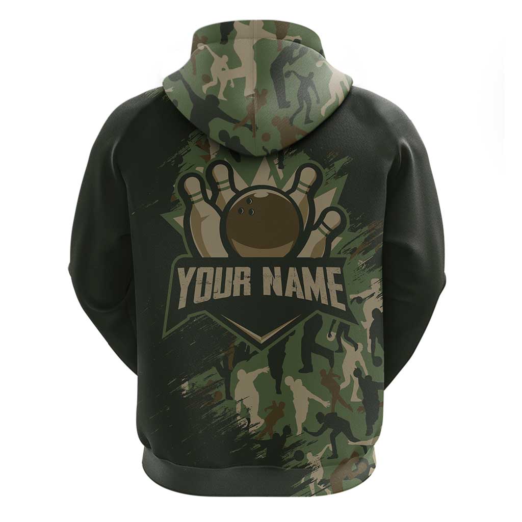 Bowling Camouflage Pattern Zip Hoodie with Ball and Pins Graphic in Army Green and Beige Brushstroke Design - Wonder Print Shop