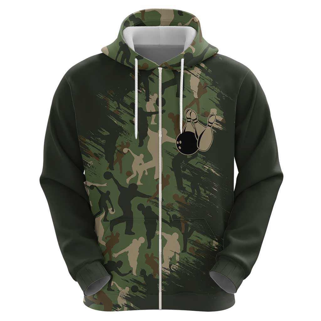 Bowling Camouflage Pattern Zip Hoodie with Ball and Pins Graphic in Army Green and Beige Brushstroke Design - Wonder Print Shop