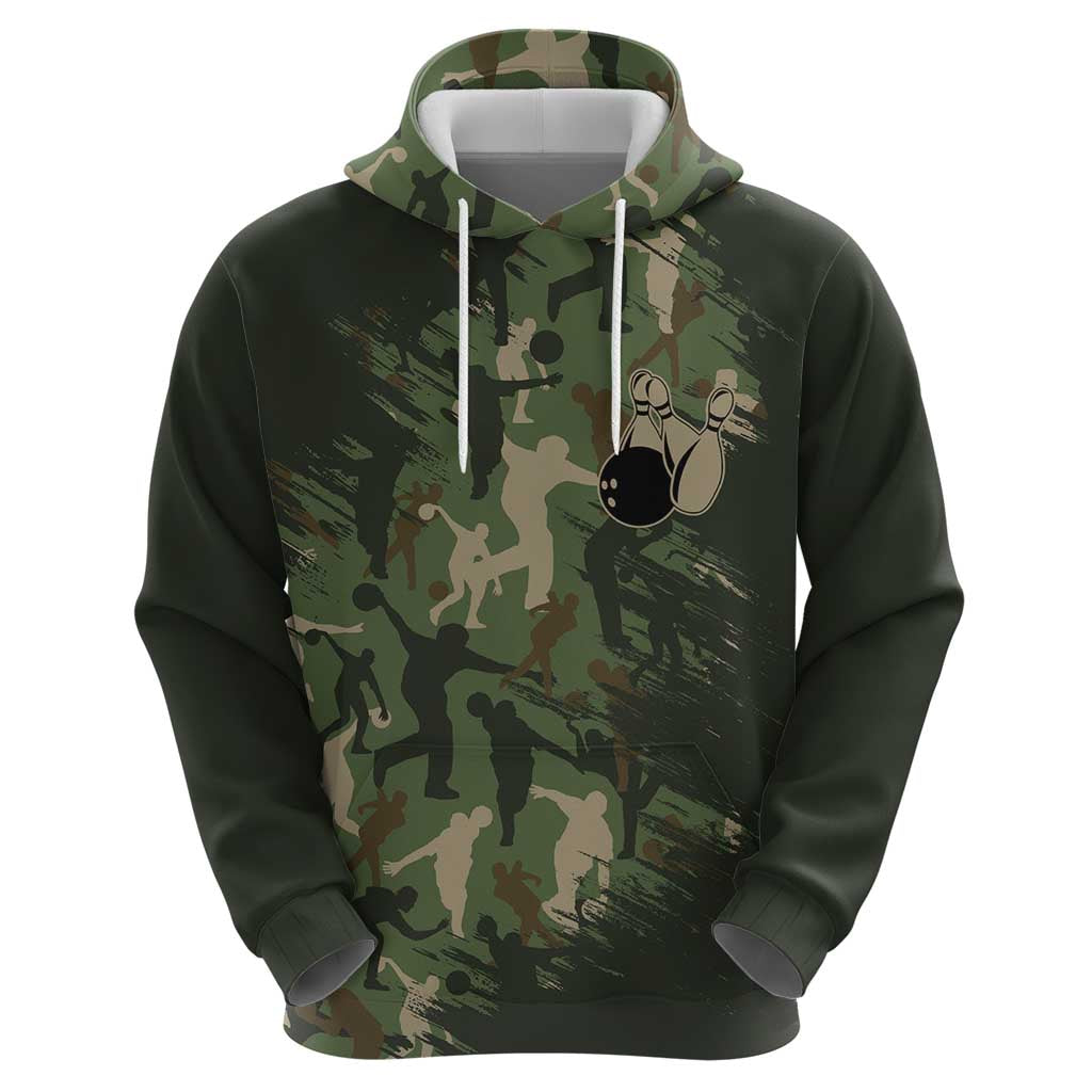 Bowling Camouflage Pattern Zip Hoodie with Ball and Pins Graphic in Army Green and Beige Brushstroke Design - Wonder Print Shop