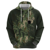Bowling Camouflage Pattern Zip Hoodie with Ball and Pins Graphic in Army Green and Beige Brushstroke Design - Wonder Print Shop