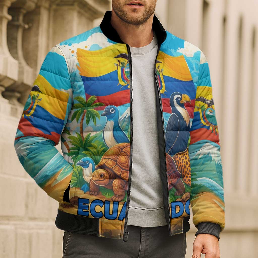 Ecuador Bomber Puffer Jacket with Wildlife and Flag Landscape Design - Wonder Print Shop