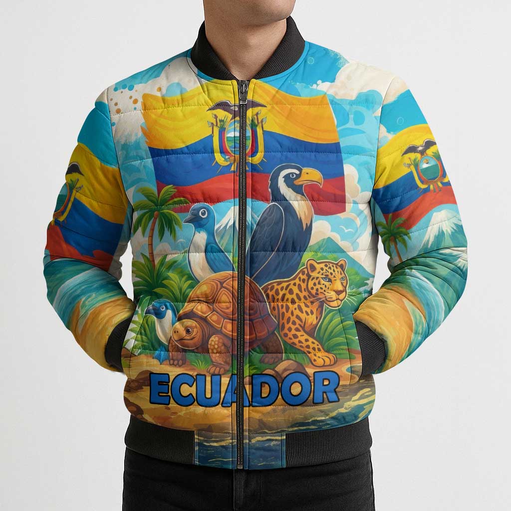 Ecuador Bomber Puffer Jacket with Wildlife and Flag Landscape Design - Wonder Print Shop