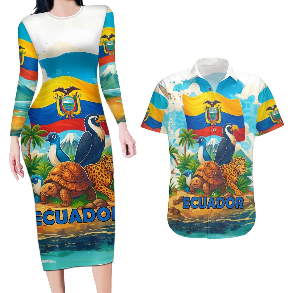 Ecuador Couples Matching Long Sleeve Bodycon Dress and Hawaiian Shirt with Wildlife and Flag Landscape Design - Wonder Print Shop