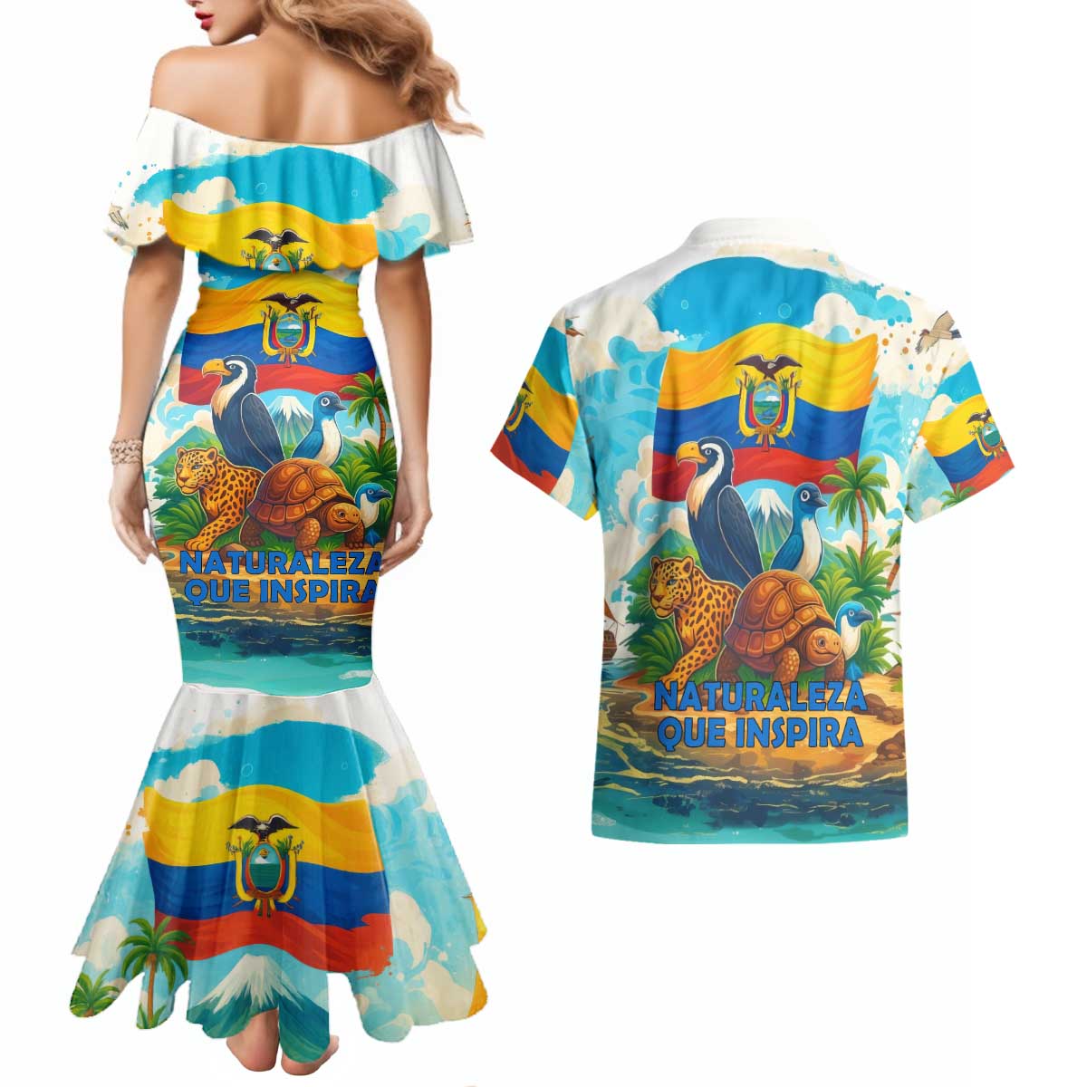 Ecuador Couples Matching Mermaid Dress and Hawaiian Shirt with Wildlife and Flag Landscape Design - Wonder Print Shop