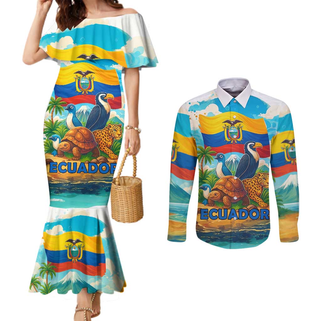 Ecuador Couples Matching Mermaid Dress and Long Sleeve Button Shirt with Wildlife and Flag Landscape Design - Wonder Print Shop