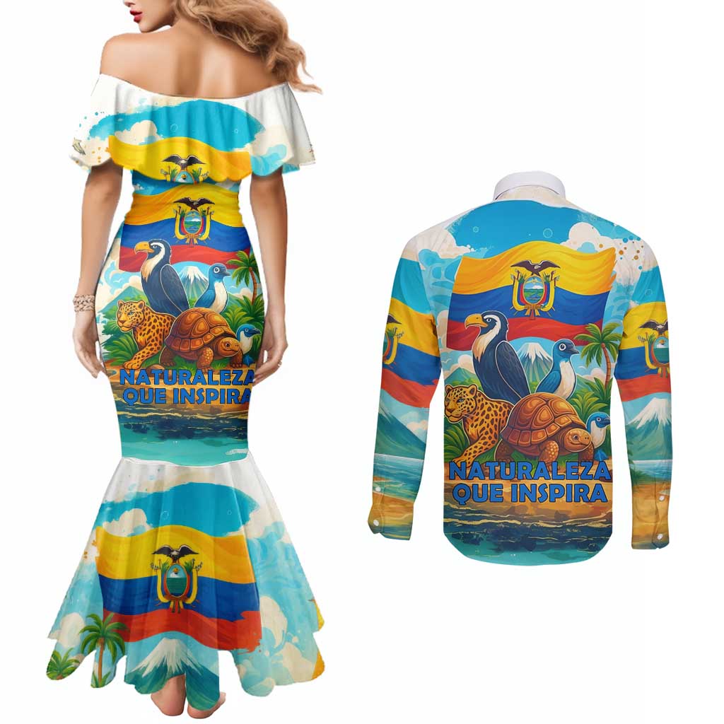 Ecuador Couples Matching Mermaid Dress and Long Sleeve Button Shirt with Wildlife and Flag Landscape Design - Wonder Print Shop