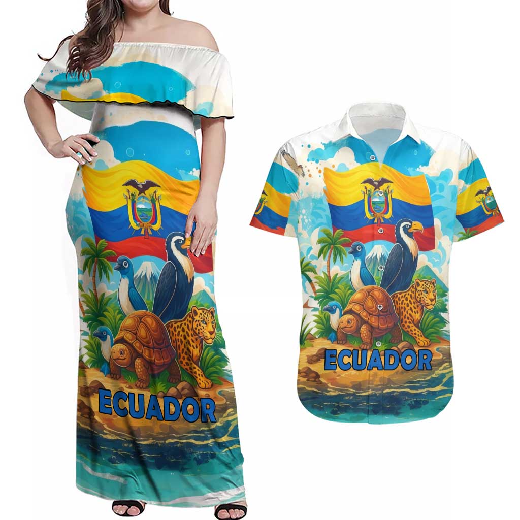 Ecuador Couples Matching Off Shoulder Maxi Dress and Hawaiian Shirt with Wildlife and Flag Landscape Design - Wonder Print Shop