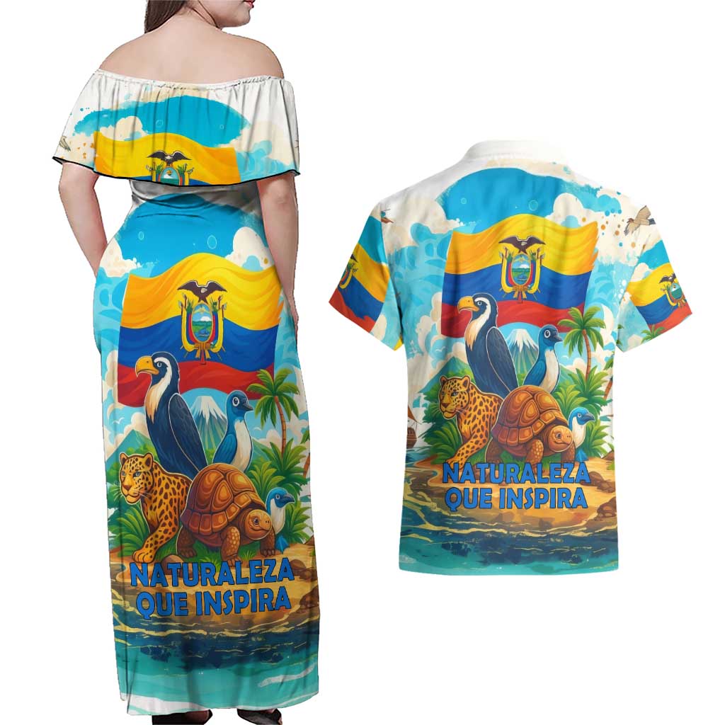 Ecuador Couples Matching Off Shoulder Maxi Dress and Hawaiian Shirt with Wildlife and Flag Landscape Design - Wonder Print Shop