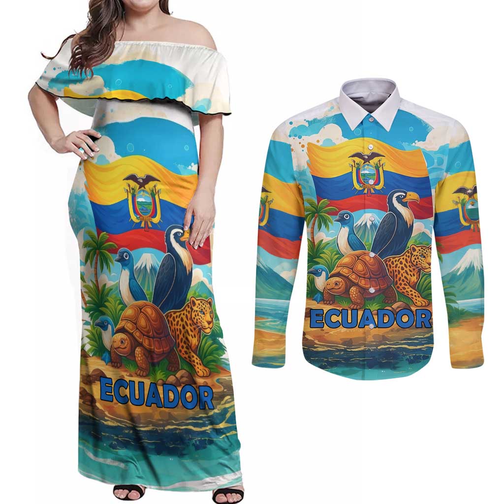 Ecuador Couples Matching Off Shoulder Maxi Dress and Long Sleeve Button Shirt with Wildlife and Flag Landscape Design - Wonder Print Shop