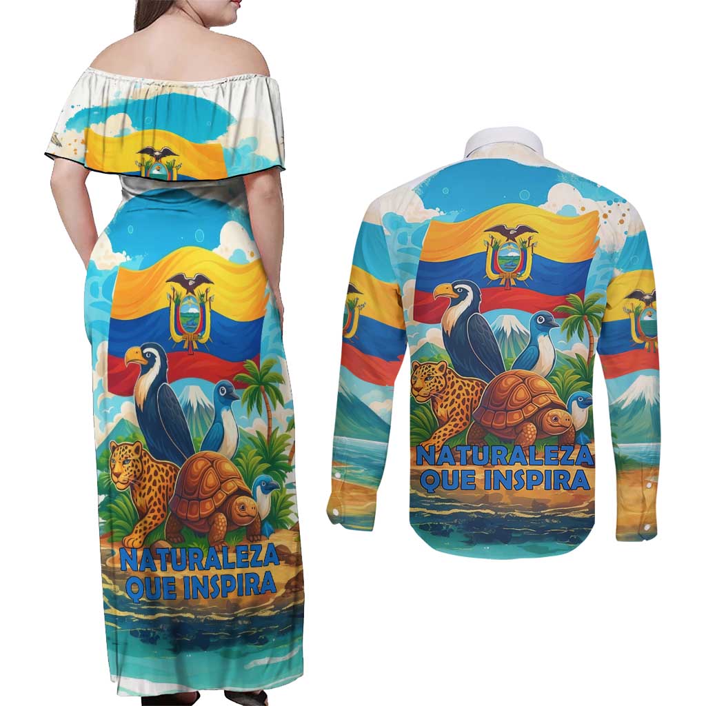 Ecuador Couples Matching Off Shoulder Maxi Dress and Long Sleeve Button Shirt with Wildlife and Flag Landscape Design - Wonder Print Shop